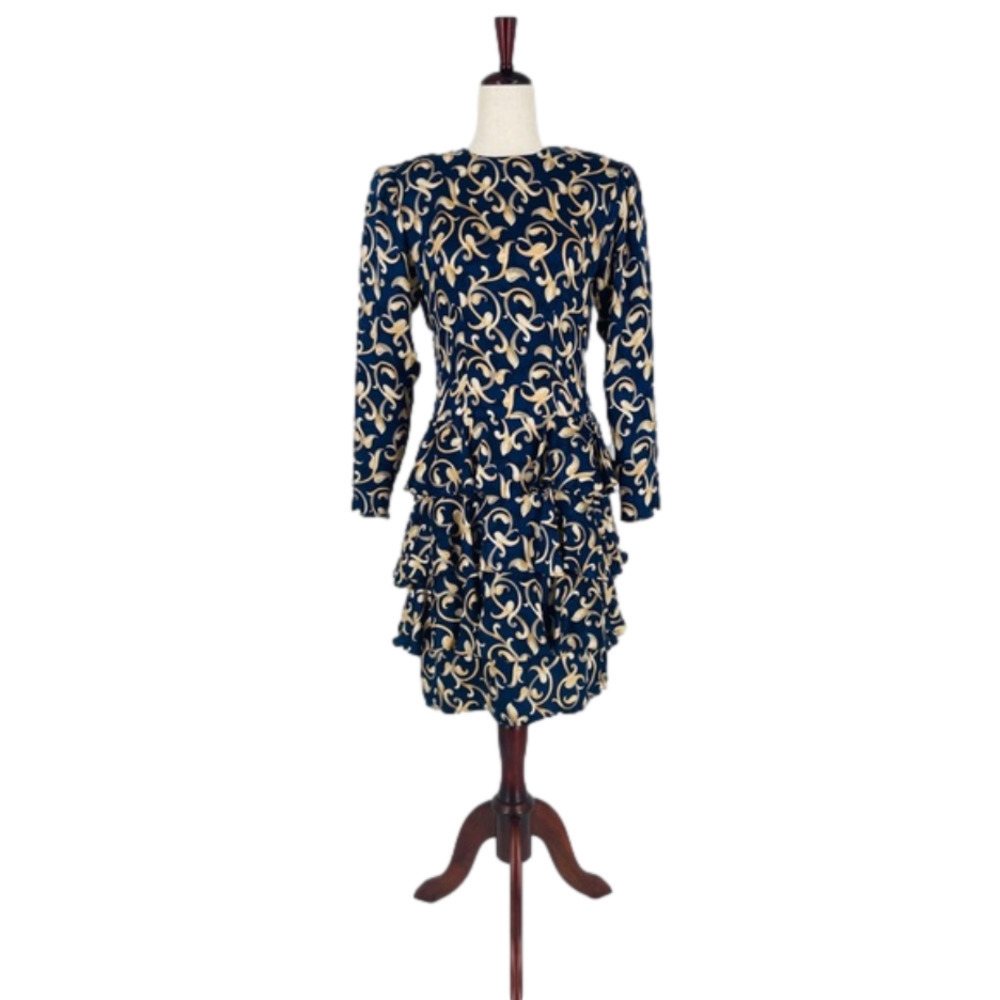 Vtg 1980s MAGGIE LONDON - 100% Silk Baroque Pattern Tiered Ruffle Dress - 6